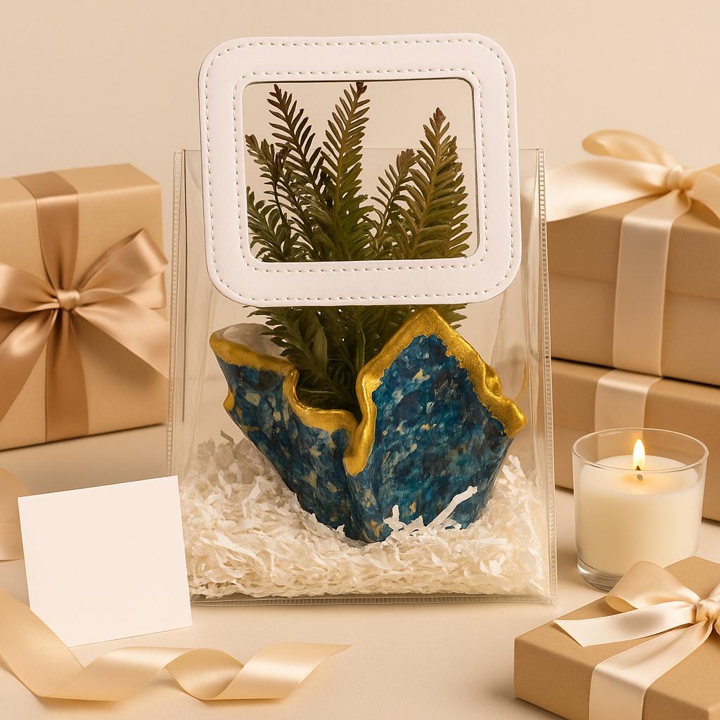 Desk Planter Gift Hamper | Handcrafted Blue Planter with Faux Green Plant