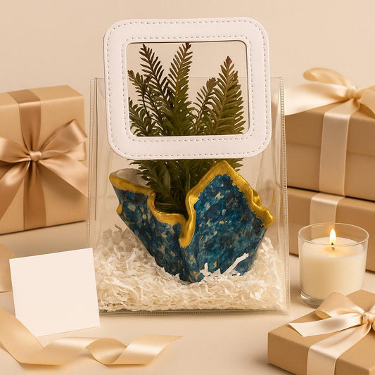 Desk Planter Gift Hamper | Handcrafted Blue Planter with Faux Green Plant