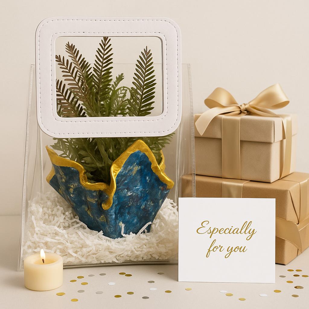 Desk Planter Gift Hamper | Handcrafted Blue Planter with Faux Green Plant