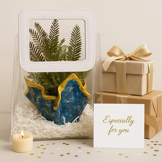 Desk Planter Gift Hamper | Handcrafted Blue Planter with Faux Green Plant