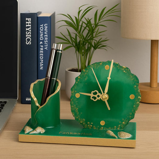 Luxury Office Desk Gift Set | Table Clock with Pen Stand
