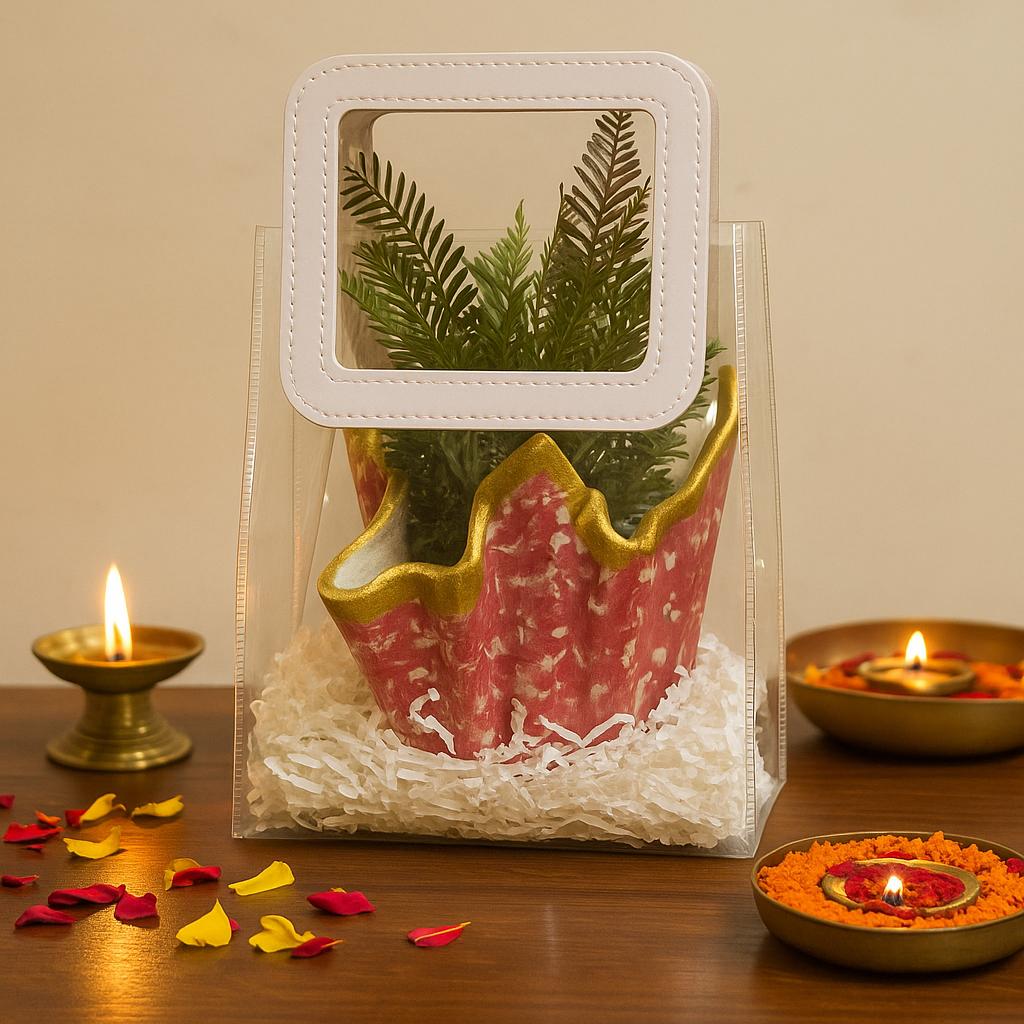 Luxury Planter Gift Set Online | Designer Red Planter with Faux Greenery