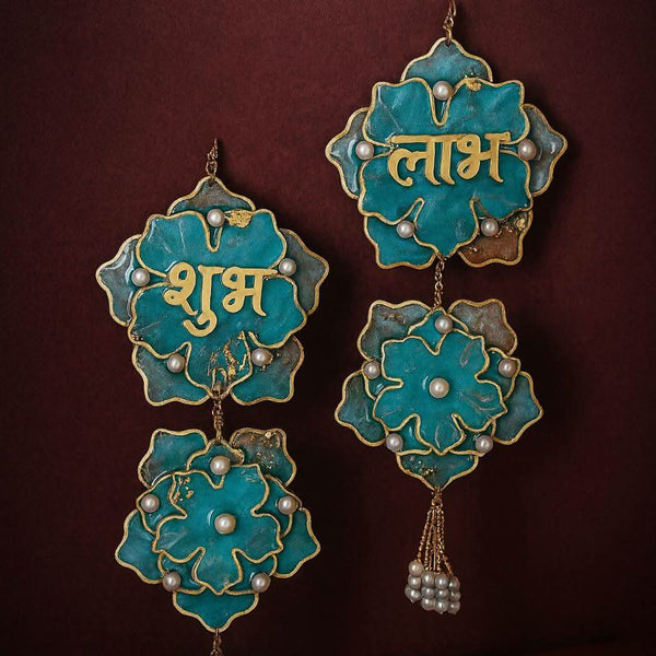 Handmade Diwali Shubh Labh hanging — front view with pearls and golden detailing