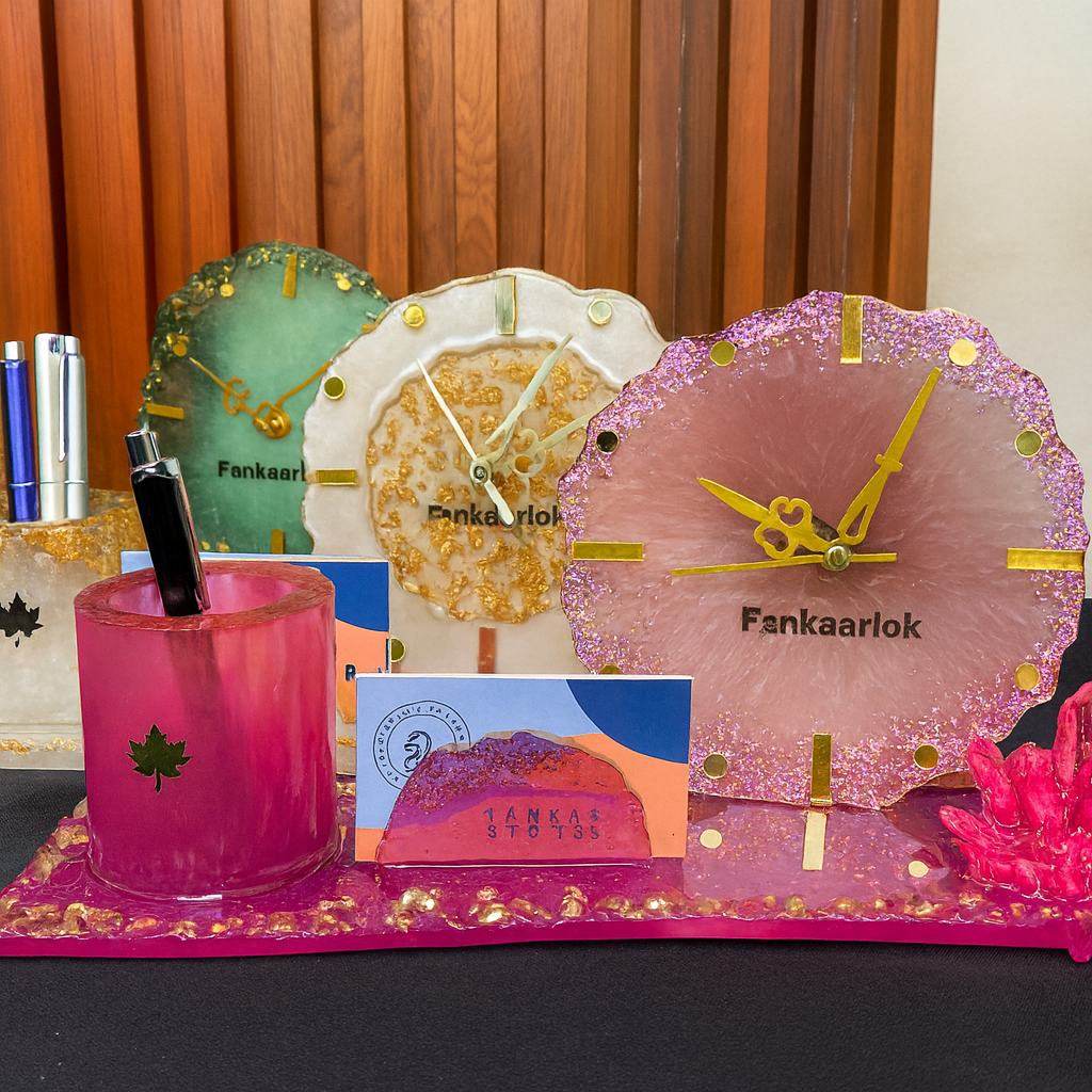 Rose Quartz Elegance Office Desk Organizer Set with Clock | Fankaarlok - Fankaarlok