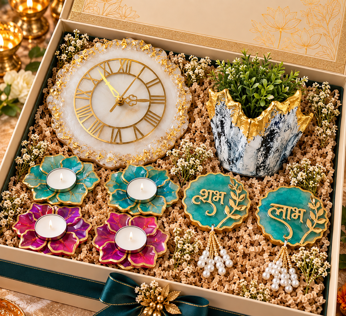Tejas handcrafted resin Diwali corporate gift hamper in premium gift box by Fankaarlok