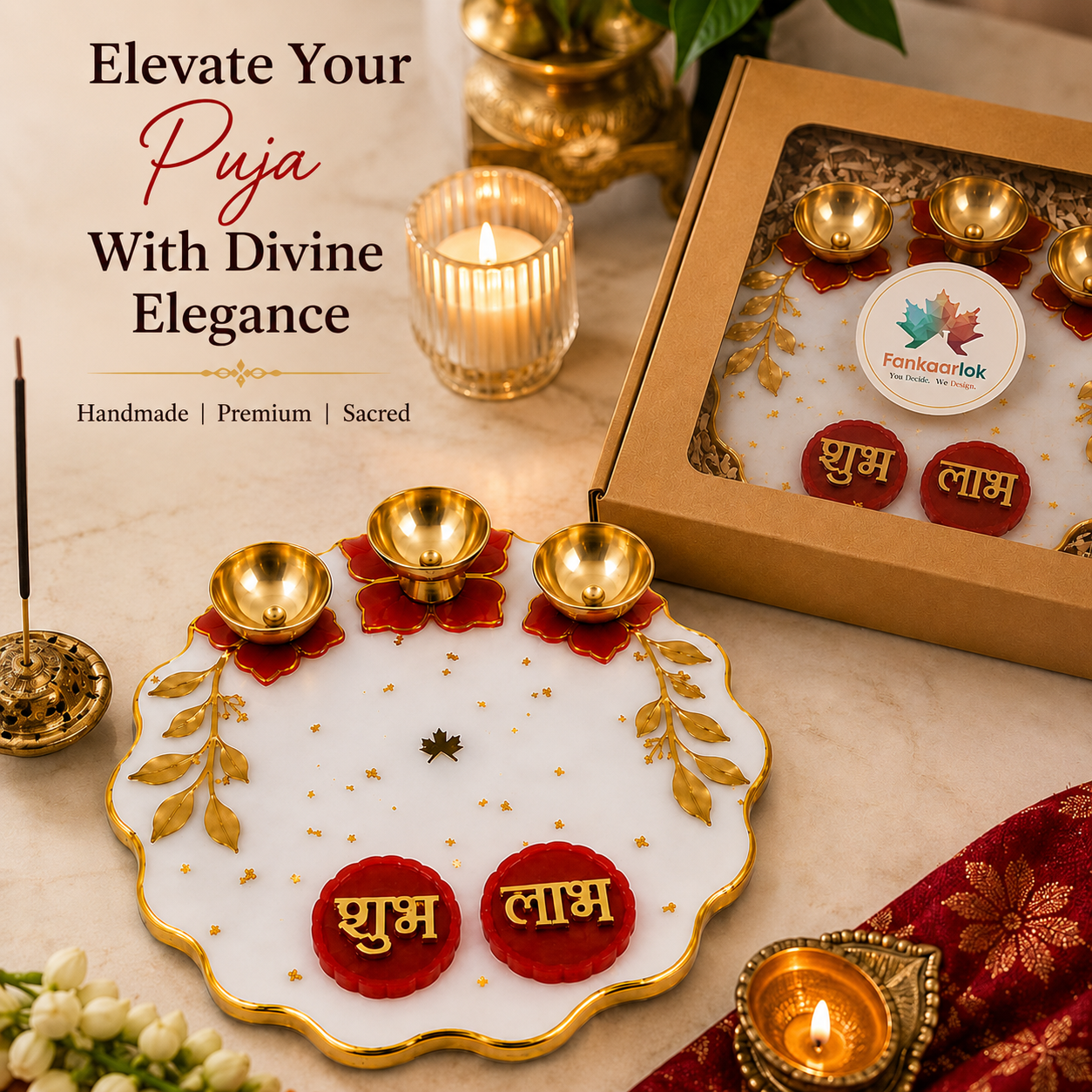 Luxury Pooja Thali Set with Brass Diya Holders & Shubh Labh | Premium Gift Box