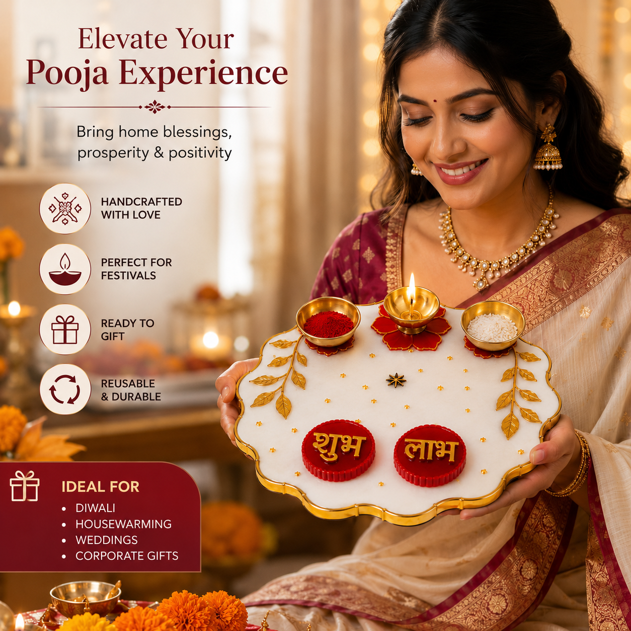 Luxury Pooja Thali Set with Brass Diya Holders & Shubh Labh | Premium Gift Box