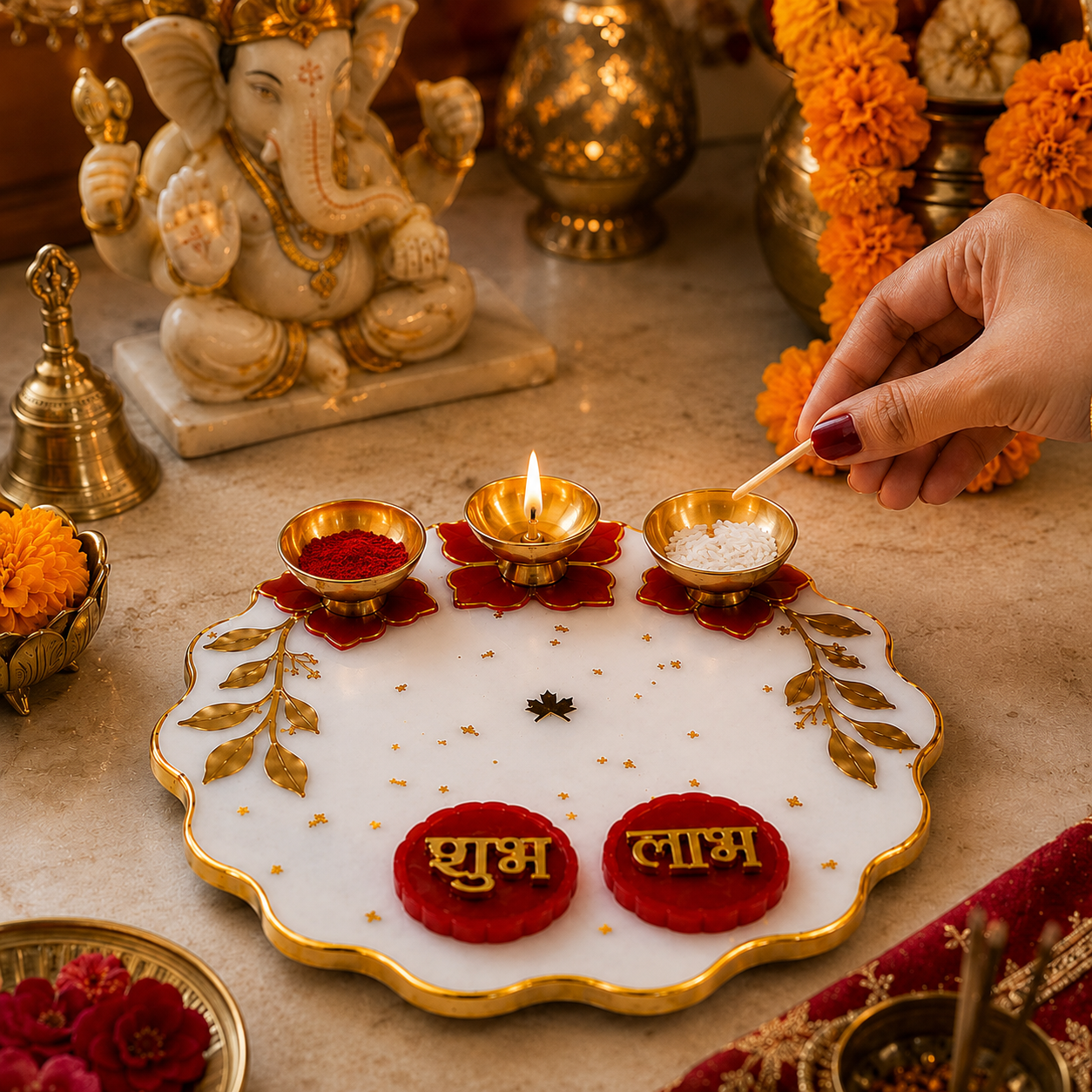 Luxury Pooja Thali Set with brass diya holders and Shubh Labh hangings, premium gift box