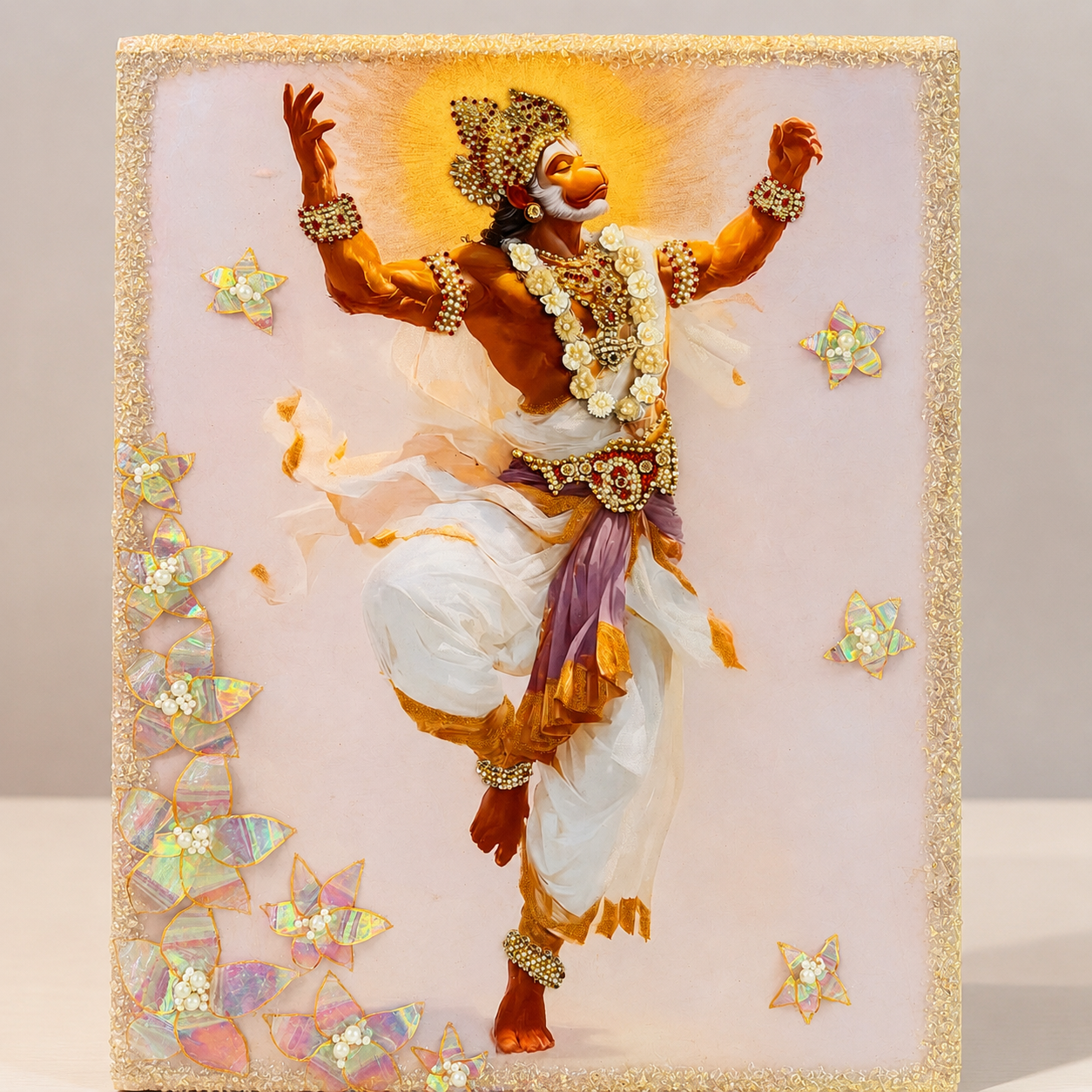 Hanuman Ji resin frame showing gold-washed floral border - Fankaarlok