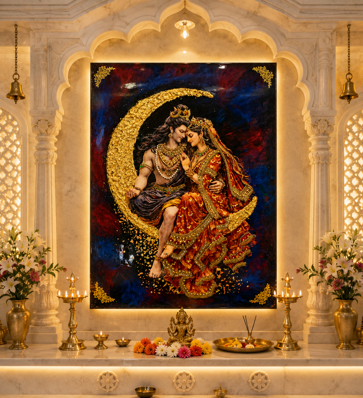 Shiv Parvati resin frame showing gold-washed floral border - Fankaarlok