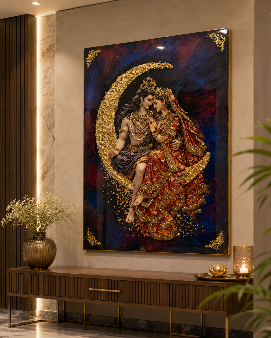 Shiv Parvati devotional wall art styled in a home mandir - Fankaarlok
