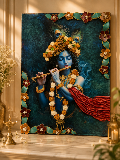 Handcrafted 3D Lord Krishna Wall Art with Premium Floral Detailing | Luxury Wall Decor