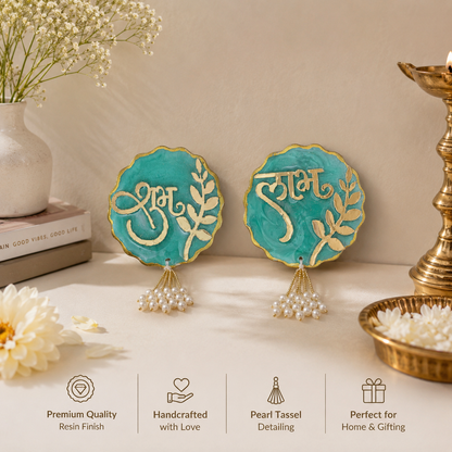 Crimson Shubh Laabh pair close-up showing golden lettering - Fankaarlok