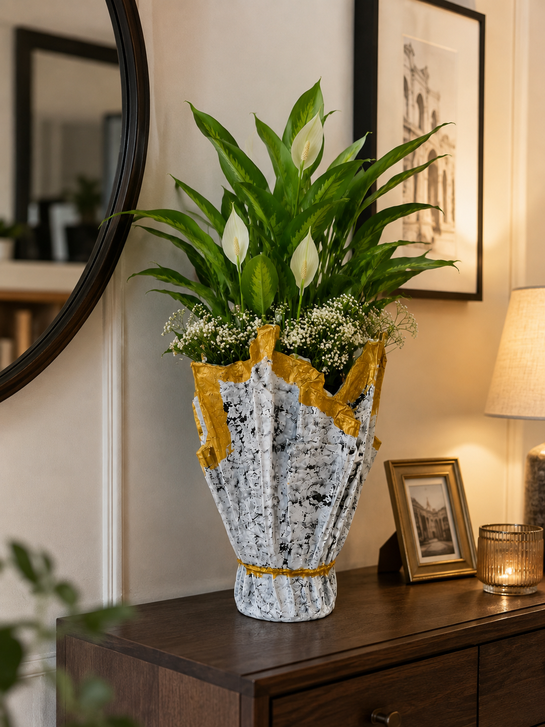 Ivory Blaze sculpted resin planter — styled in a home setting