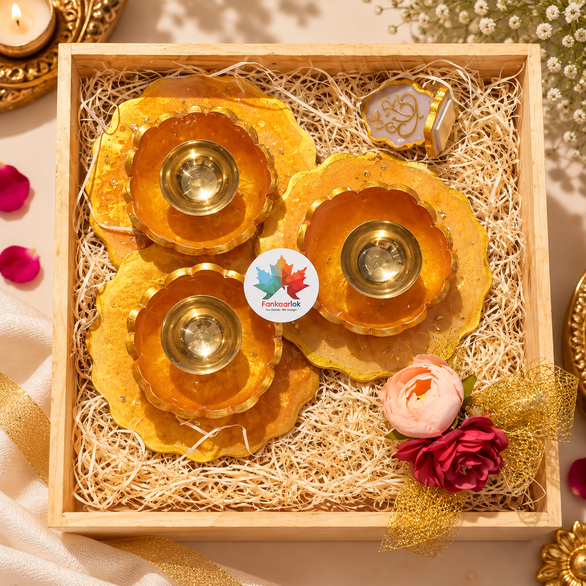 Diya holder hamper with brass diyas