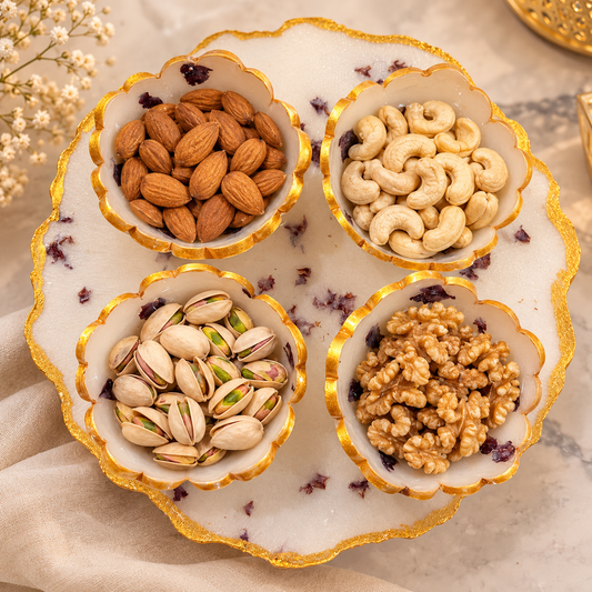 Wedding Dry Fruit Serving Set | Luxury Designer Platter with 4 Floral Bowls