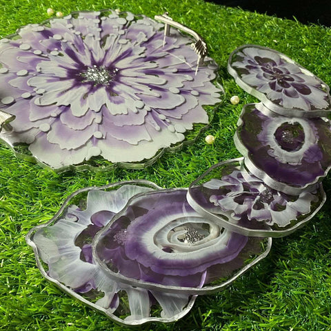 Modern luxury serving set — front view of designer tray with coasters