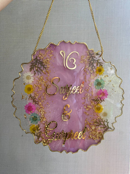 Floral Round Nameplate for Entrance | Custom Couple Door Sign