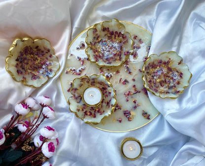 Wedding Dry Fruit Serving Set | Luxury Designer Platter with 4 Floral Bowls