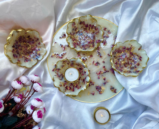Wedding Dry Fruit Serving Set | Luxury Designer Platter with 4 Floral Bowls