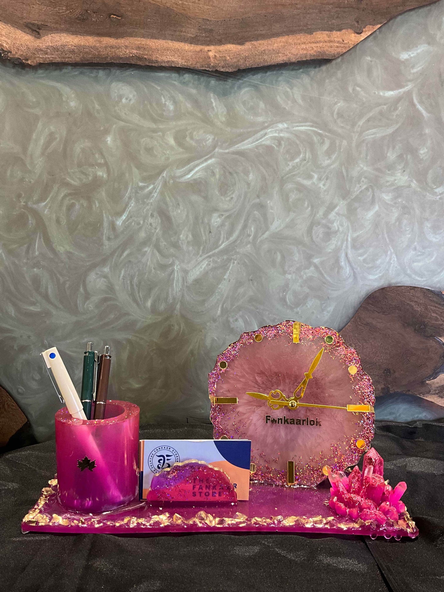 Rose Quartz Elegance Office Desk Organizer Set with Clock | Fankaarlok - Fankaarlok