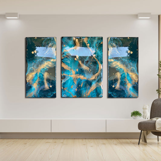 Azure Gold Triptych – Resin Modern Wall Art for Living Room | Fankaarlok