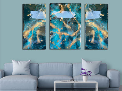 Azure Gold Triptych – Resin Modern Wall Art for Living Room | Fankaarlok