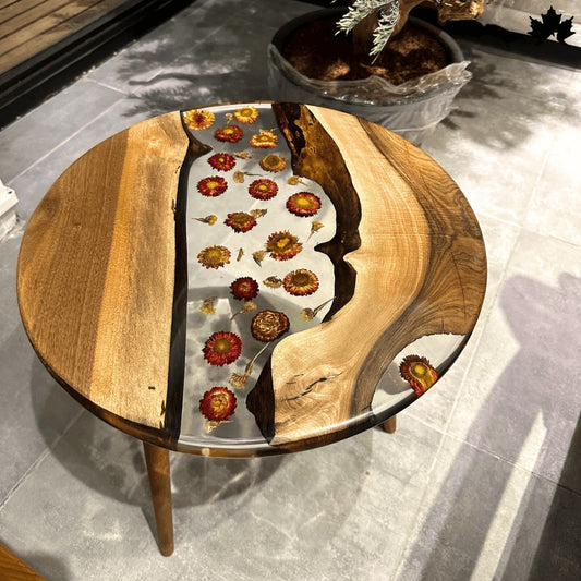 FloraWave Epoxy Wood Table – Floral Round Coffee Table | Fankaarlok
