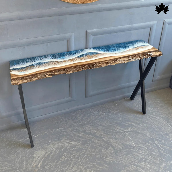 Ocean hallway table — front view of live edge wood and resin wave console