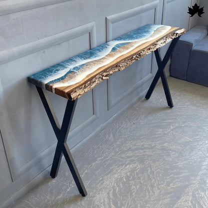Ocean Hallway Table – Live Edge Wood & Resin Wave Console | Fankaarlok