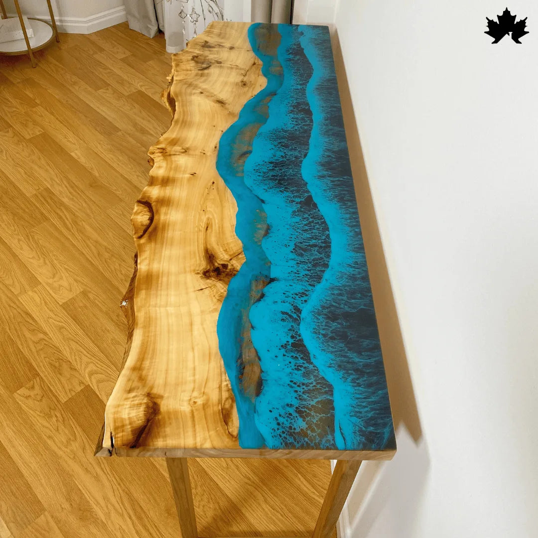 Unique Hallway Entry Console – Live Edge Wood & Blue Resin Table | Fankaarlok