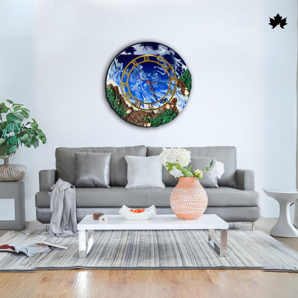 Round ocean wave designer wall clock with coastal detailing