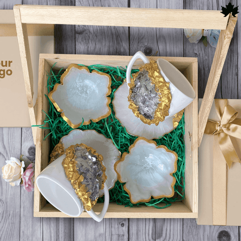 Stylish tea cup set — front view of handcrafted cups with coasters and bowls