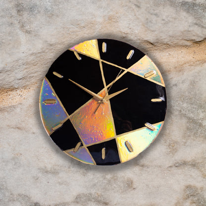 Resin Art Wall Clock – Black & Holographic Geometry | Stylish Wall Clock for Bedroom by Fankaarlok