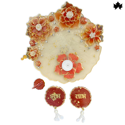 Grand Floral Harmony Combo Set: Pooja Thali, Shubh Laabh, Diya &amp; Ganesh Idol