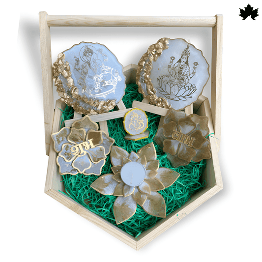 Celestial Harmony Pooja Set – Ganesh-Laxmi Plates, Shubh Laabh, Diya Holder in a Decorative Tray