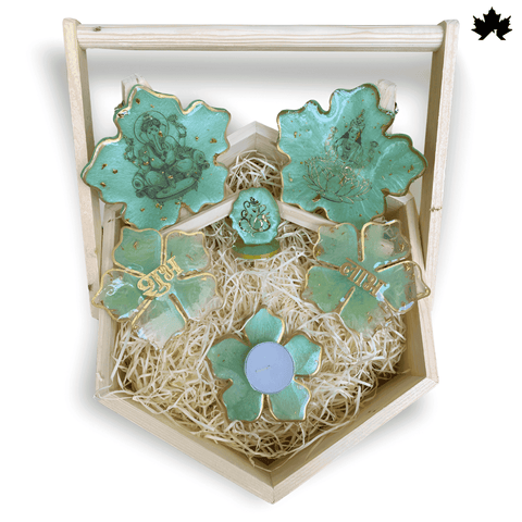 Verdant Blessings combo set with Ganesh-Laxmi plates, Shubh Laabh, diya holder and small Ganesh idol