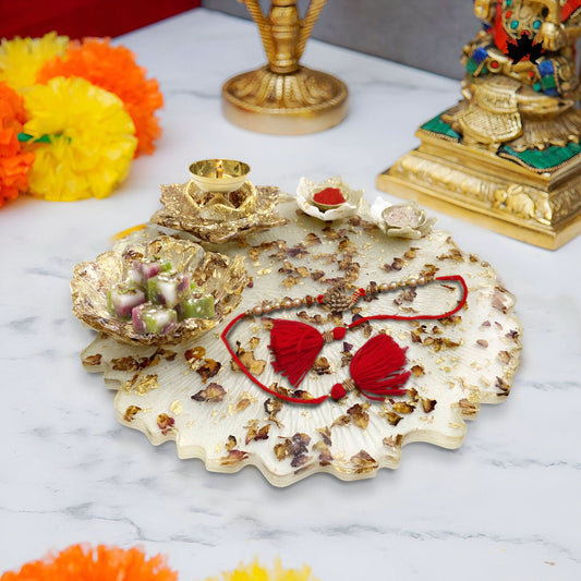 Golden Petal Majesty handcrafted designer pooja thali with golden petal finish