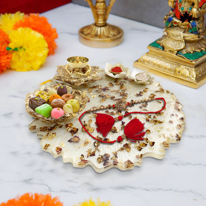 Golden Petal Majesty Pooja Thali — Perfect for Rakhi, Diwali & Festive Ceremonies