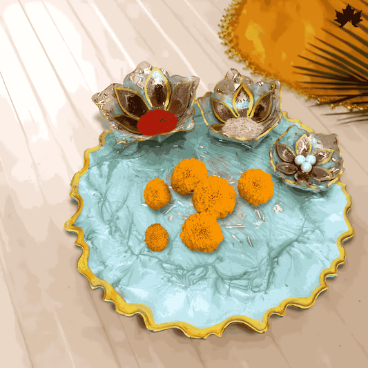 Elegant Blue & Gold Lotus Bowl Set – Buy Pooja Thali for Diwali Online