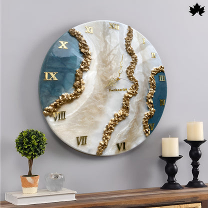 Luxury  Resin Art Clock – Gold Textured Detailing | Big Wall Clock by Fankaarlok