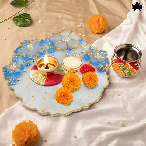 Blue Blossom pooja thali — front view with blue and white floral motifs