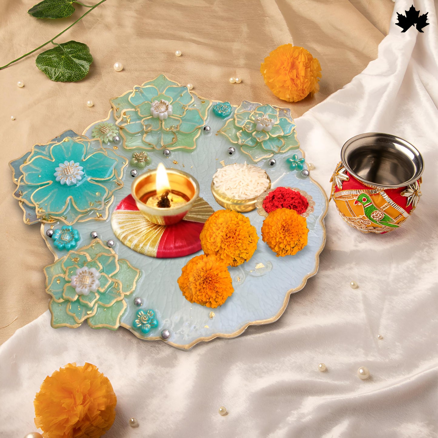 Aqua Bloom Unique Pooja Thali Design with Handcrafted Floral Art | Fankaarlok
