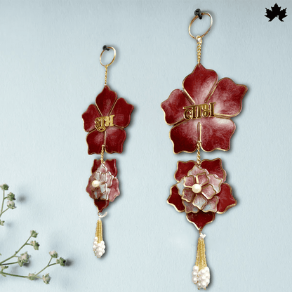 Handmade Shubh Labh for Pooja Room with Red Floral & Pearl Design | Fankaarlok