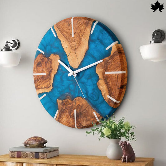 Blue Epoxy Art with Natural Wood | Unique Wooden Wall Clock Design by Fankaarlok