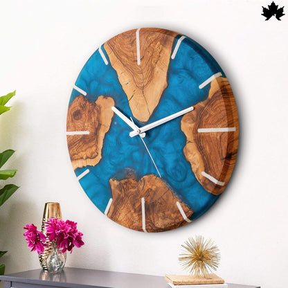 Blue Epoxy Art with Natural Wood | Unique Wooden Wall Clock Design by Fankaarlok