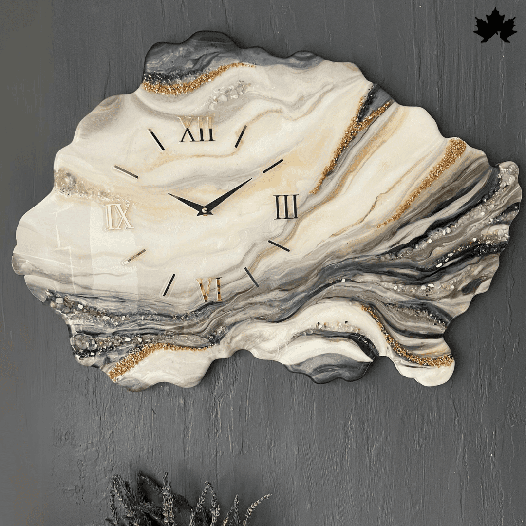 Geode wall clock with epoxy resin and natural crystal border