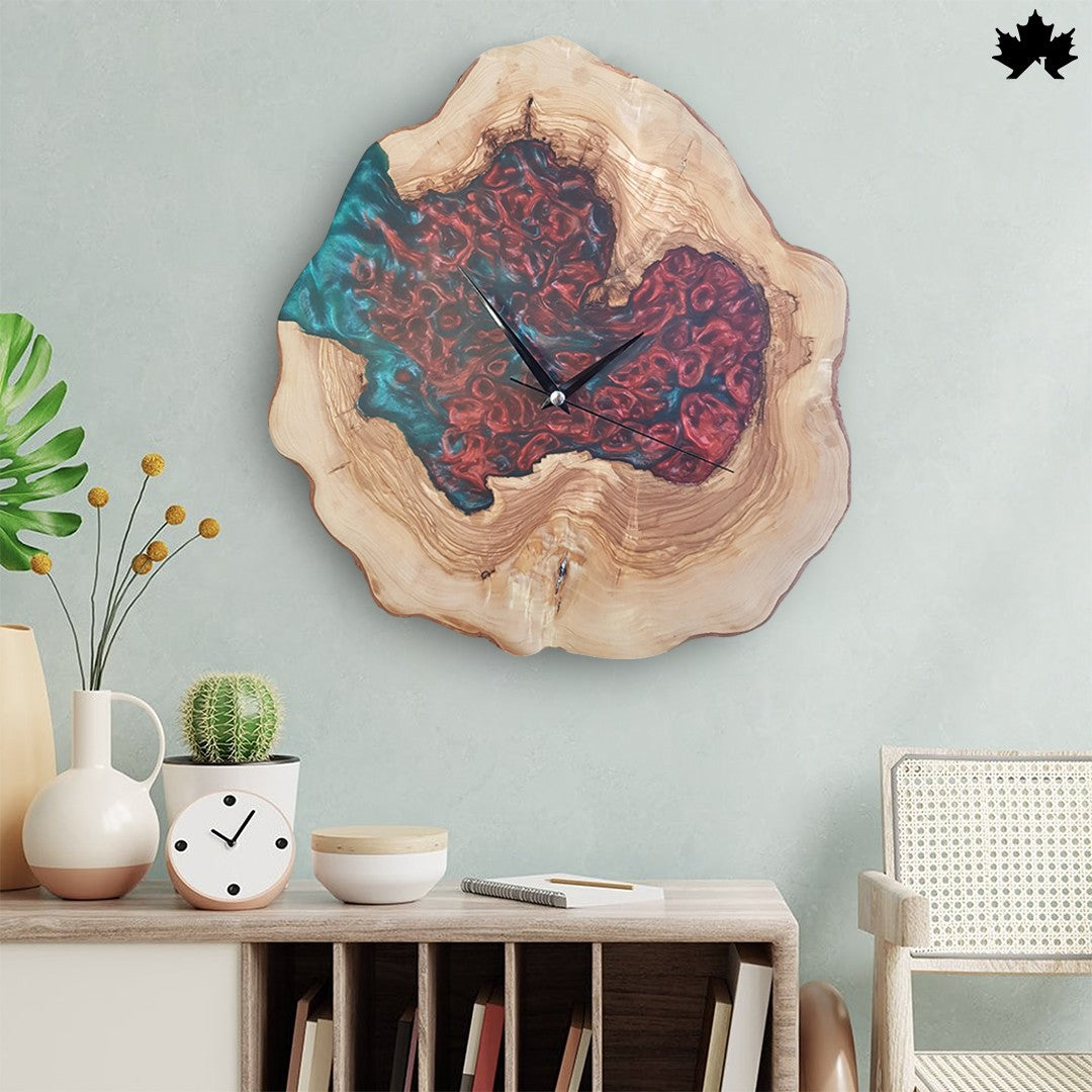 Red & Teal Epoxy Art on Natural Wood Slice | Contemporary Wooden Clock by Fankaarlok