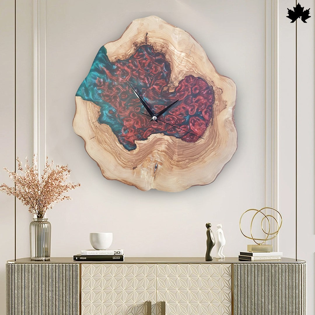 Red & Teal Epoxy Art on Natural Wood Slice | Contemporary Wooden Clock by Fankaarlok