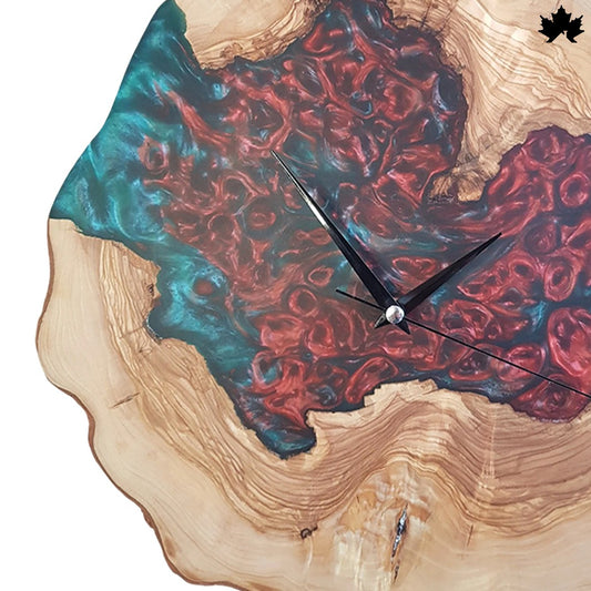 Red & Teal Epoxy Art on Natural Wood Slice | Contemporary Wooden Clock by Fankaarlok